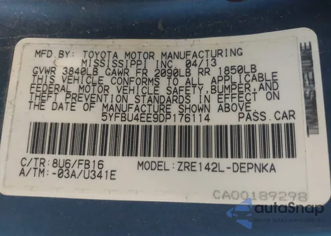 2013 Toyota Corolla Le from USA, damaged, VIN 5YFBU4EE9DP176114